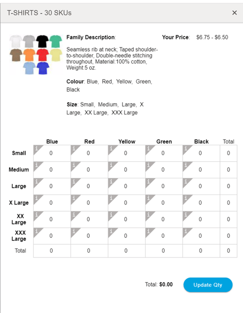 1 - family of products visual showing different sizes and colours of shirts