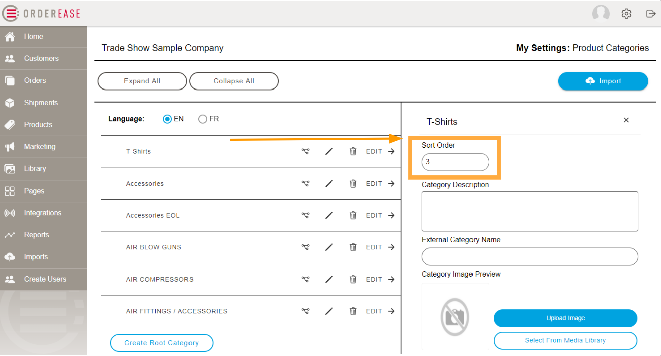 10 - category sort order functionality displayed by clicking edit within the OrderEase categories