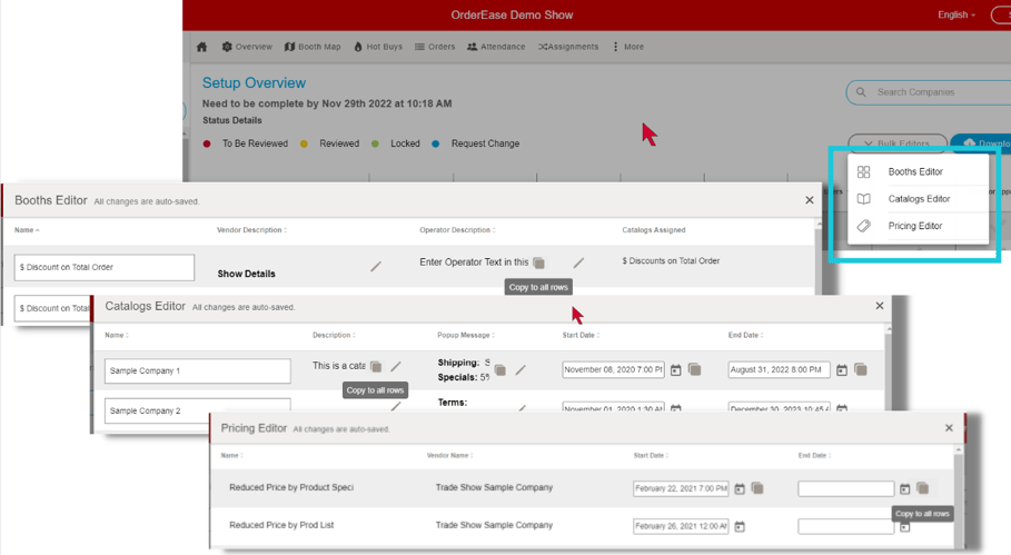 17 - new bulk editor functionality within the tradeshow platform, for booths, price lists, and catalogs