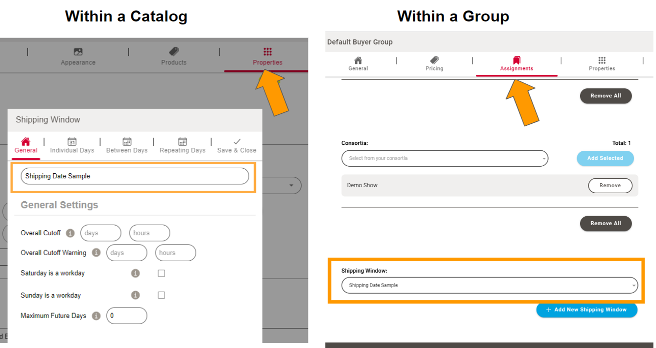 2 - shipping window feature within a catalog and a customer group setting