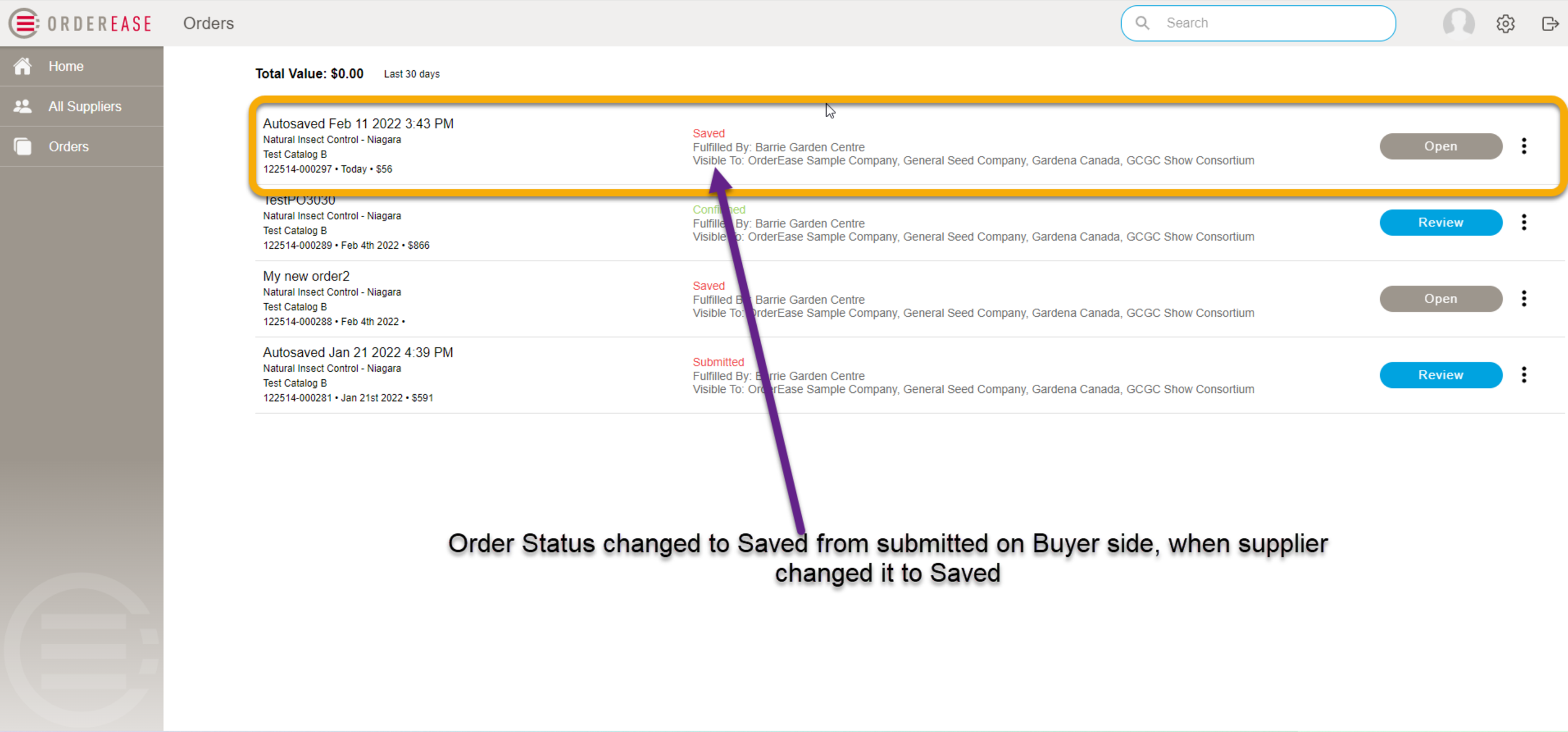 7 - showing where the Saved order status appears for buyers in their list of orders