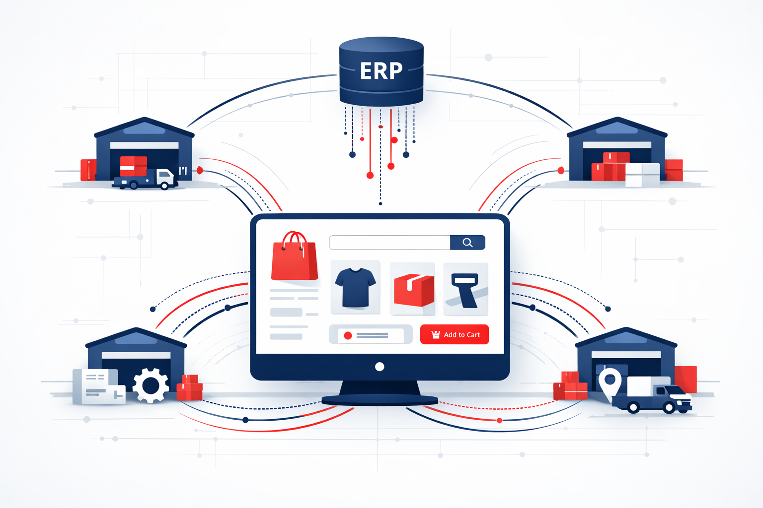 Modern B2B supply chain visualization showing multiple warehouses connected to a central commerce platform inventory flowing from ERP systems to an on Modern B2B supply chain visualization showing multiple warehouses connected to a central commerce platform inventory flowing from ERP systems to an on