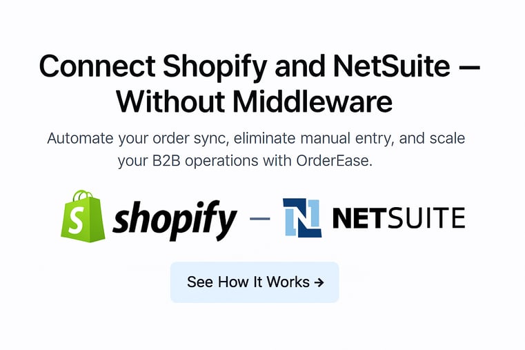OrderEase Shopify–NetSuite integration banner showing direct connection without middleware.