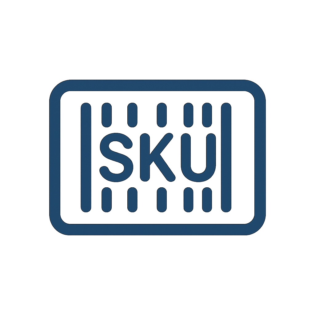 dark blue icon of a SKU no background