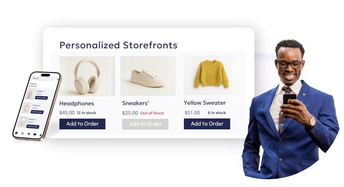 B2B wholesale ordering platform personalized storefront view with headphones, sneakers, and sweater products on desktop and mobile.