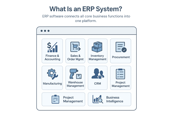 ERP System modulesStylized ERP dashboard showing icons for core modules like Finance, Sales, Inventory, Procurement, CRM, and more in a grid layout. 
