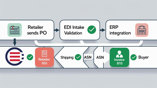 diagram showing each step of EDI documents from retailer to system