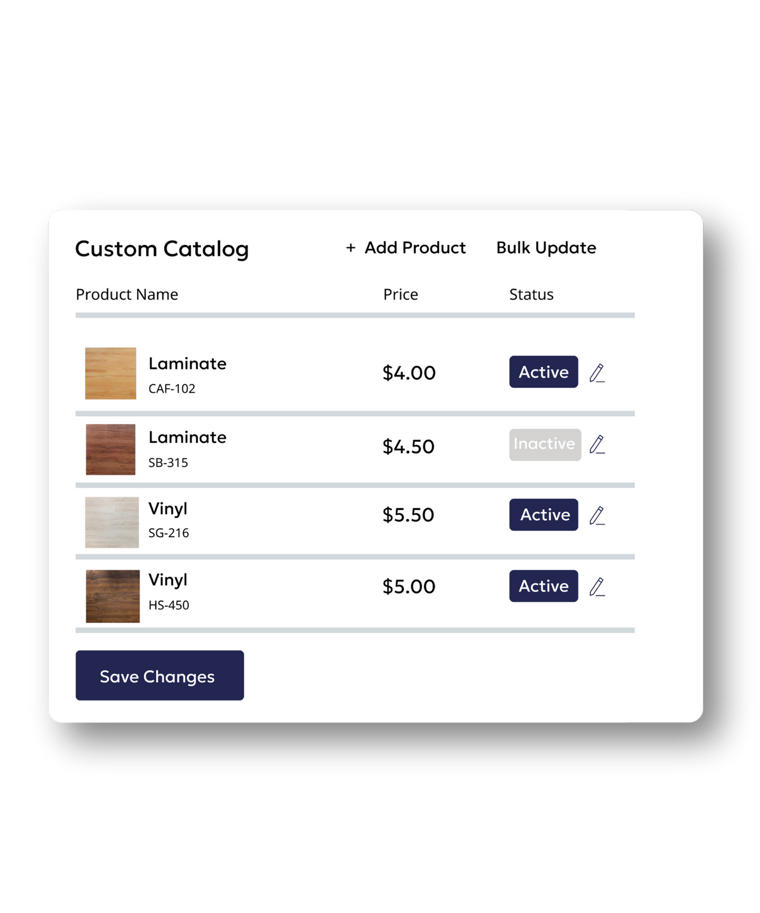shoppable catalog software interface with flooring materials 