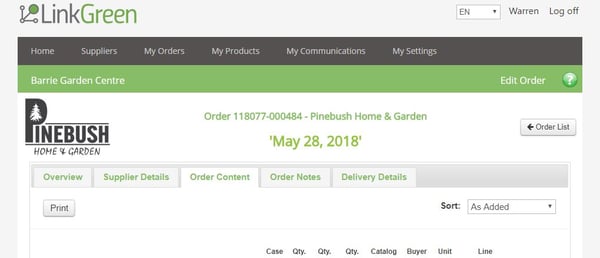 Order overiew screen shot