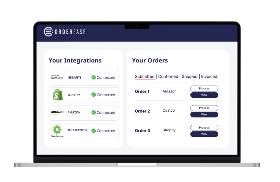 OrderEase dashboard showing integrations and order status with pre-configured mapping