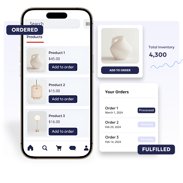 B2B online ordering portal being used on a mobile device, showing bulk orders