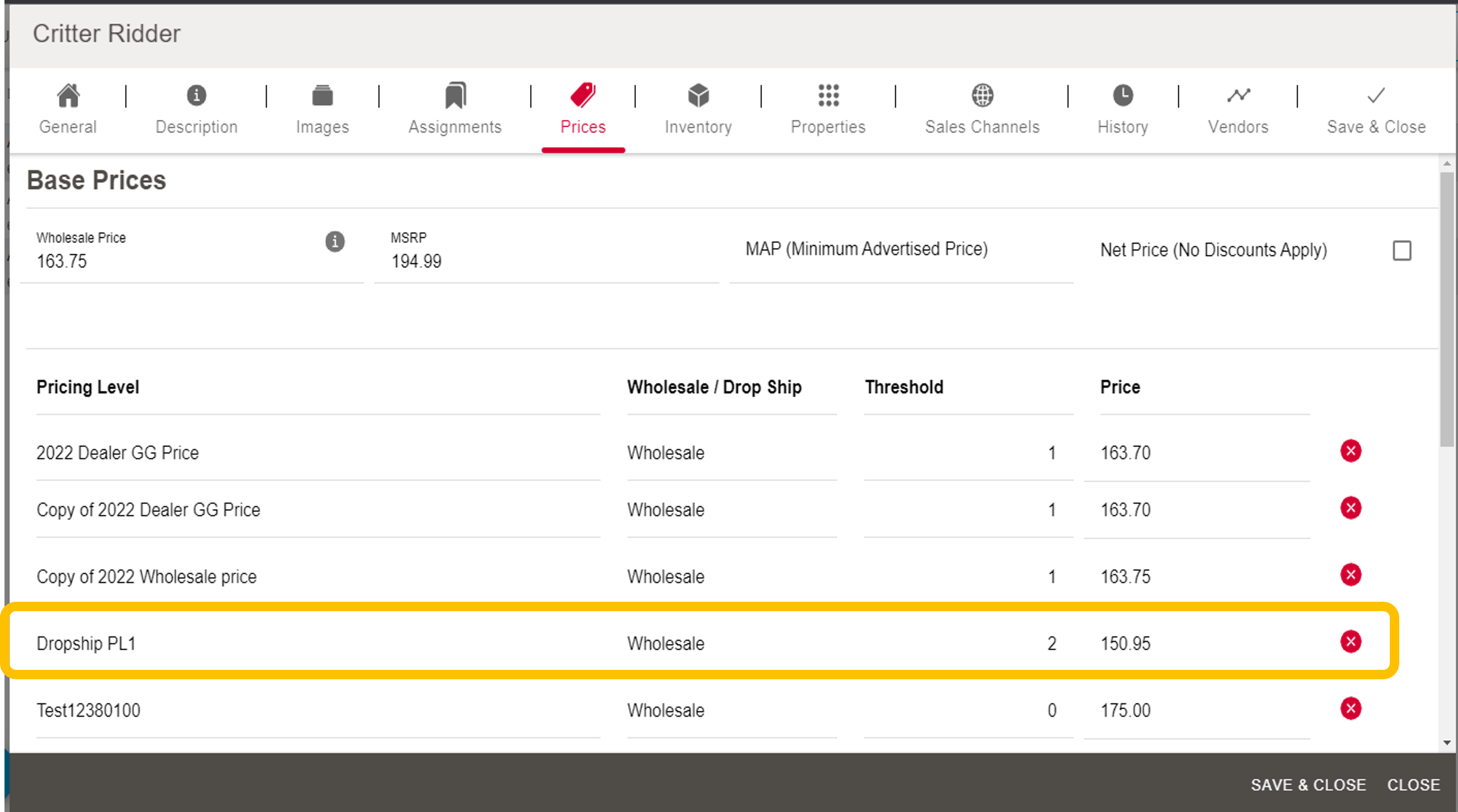 showing a dropship price level in a product detail view