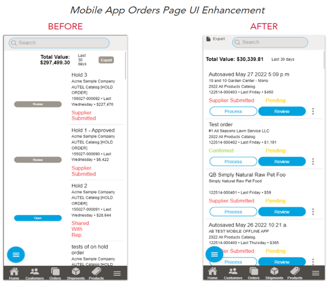 More user friendly order page on mobile app, comparing before and after