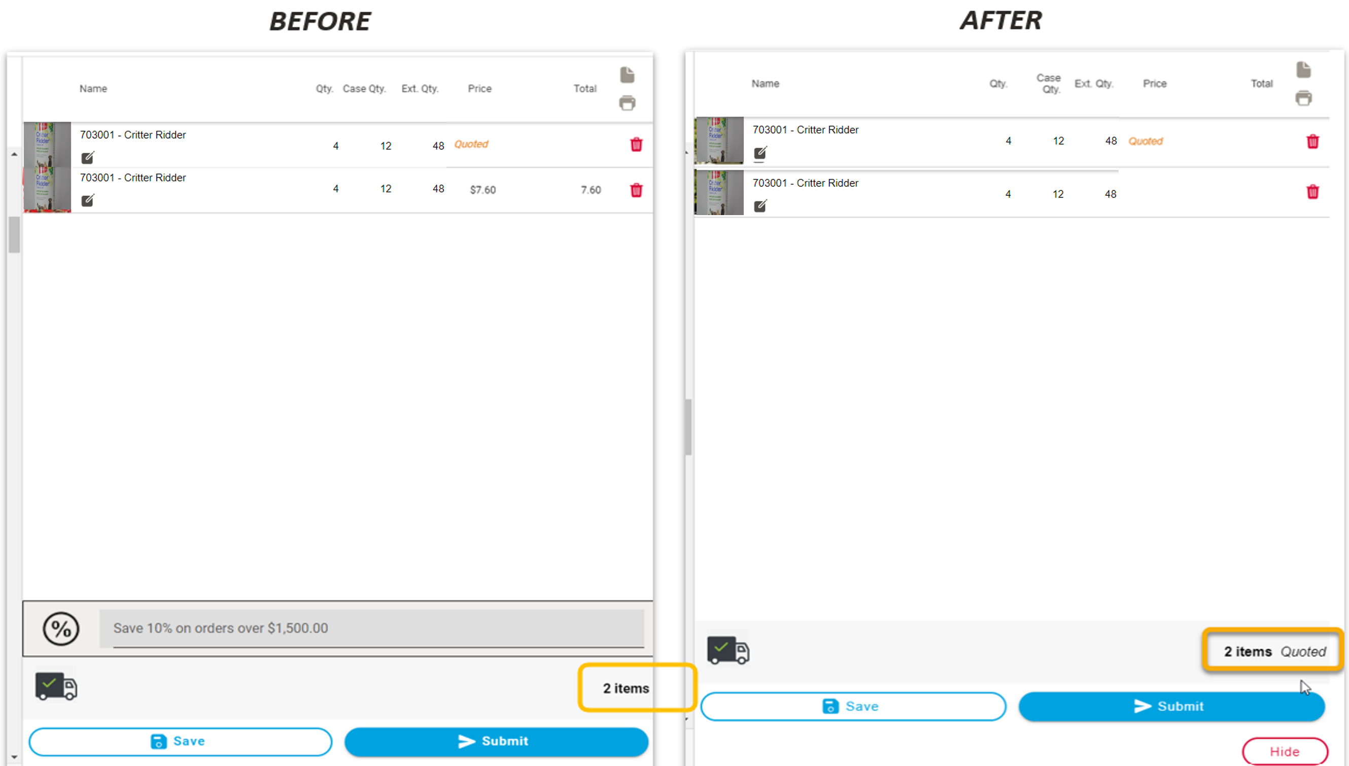Customers can see quantity of quoted items, comparing before and after