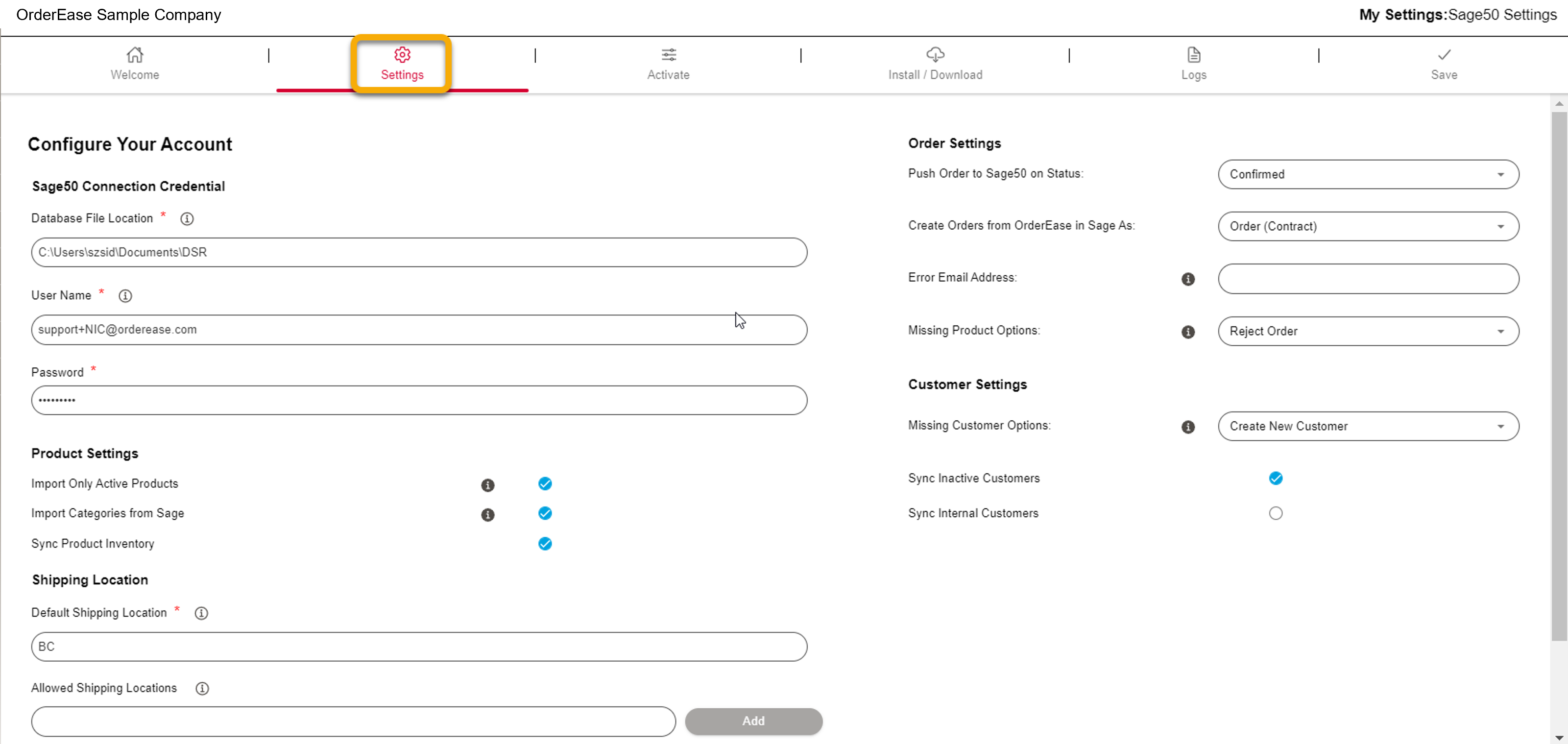 Sage integration settings page