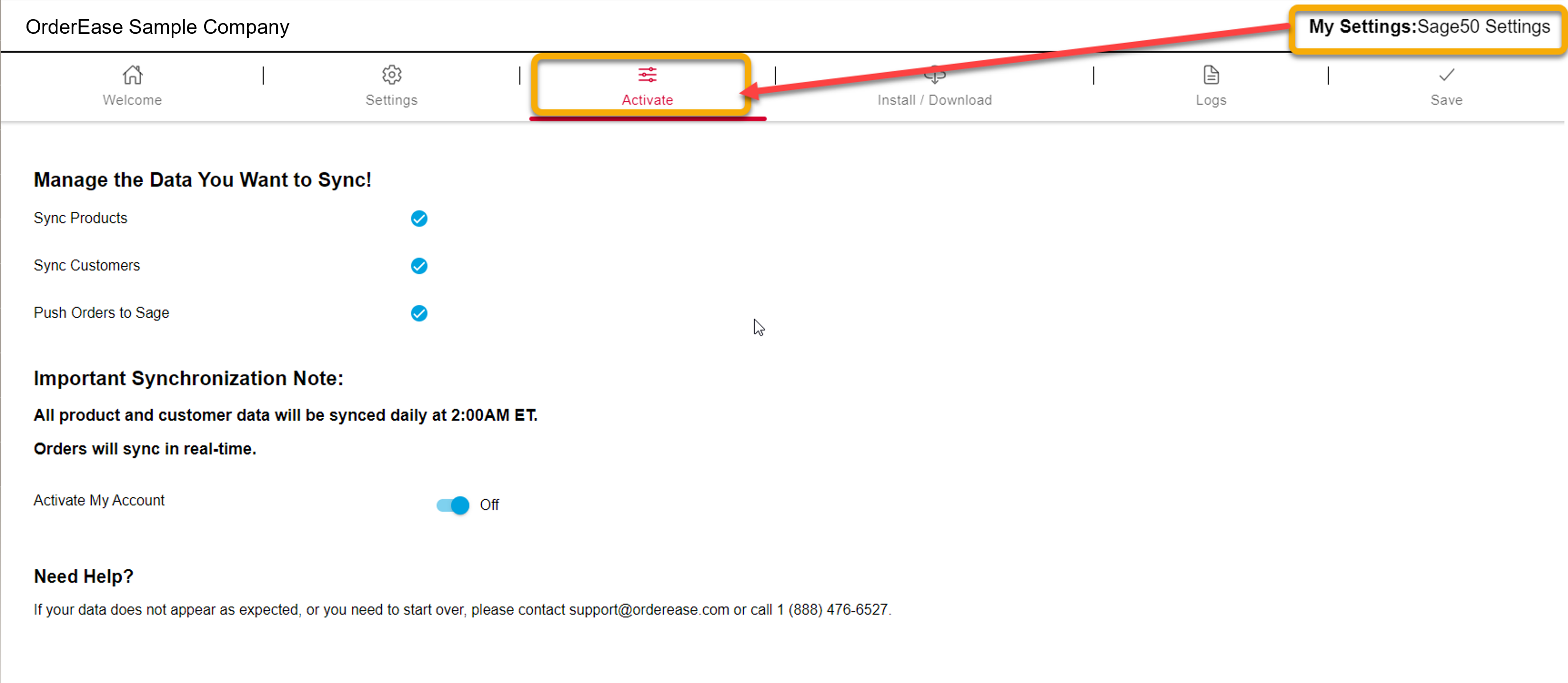 Sage integration activation page