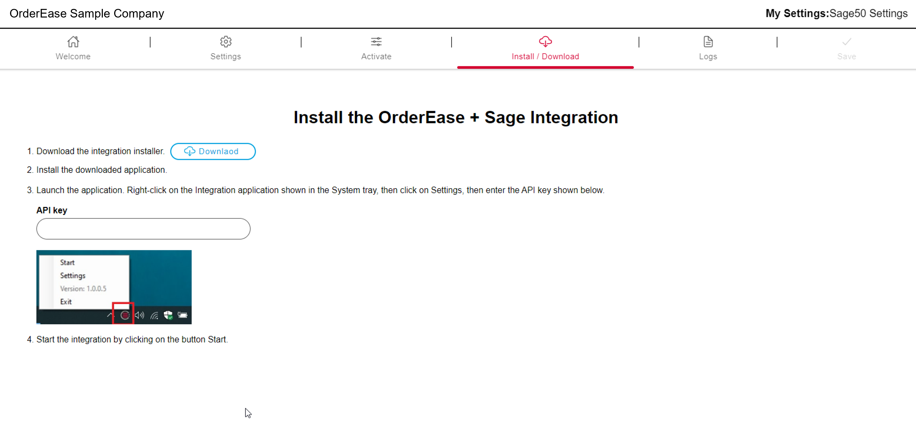 Sage integration download and install page