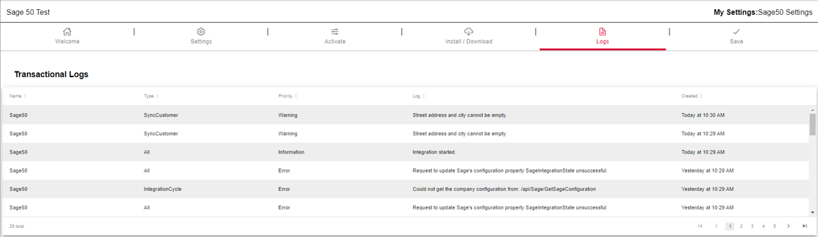 Log page displaying communications for troubleshooting