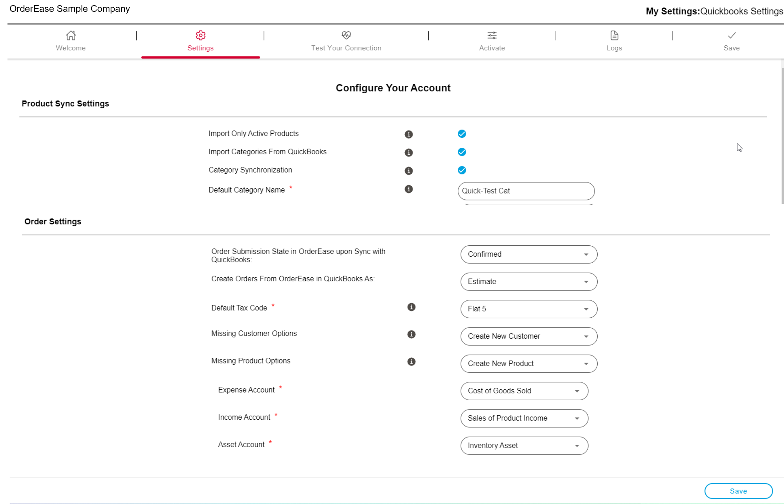 Quickbooks integration settings page