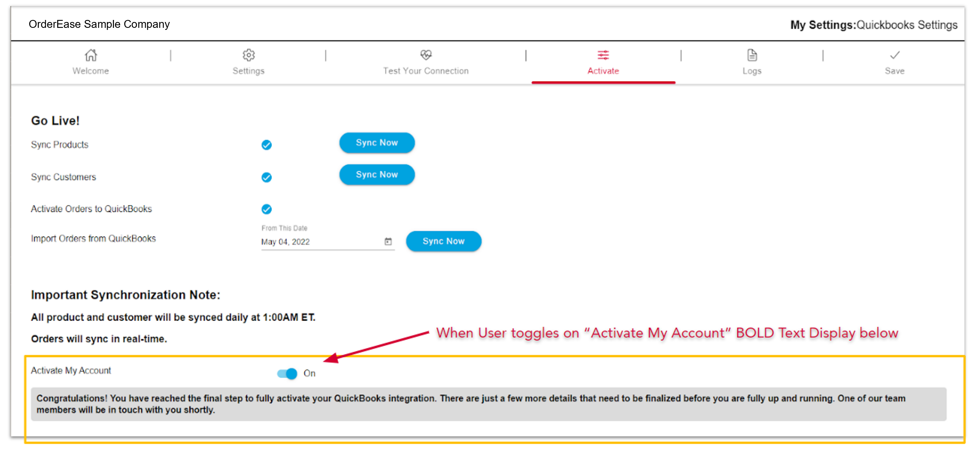 Account activation toggle with confirmation pop up with QuickBooks data transactions