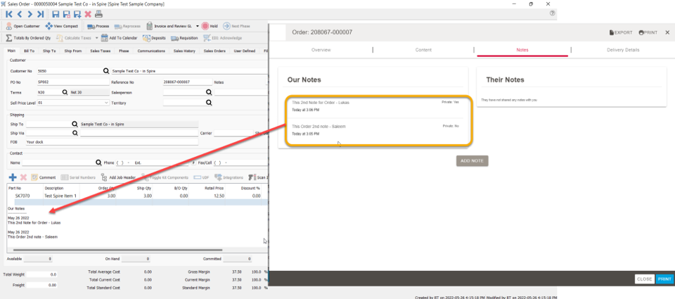 showing where notes will appear in OrderEase from the Spire integration development