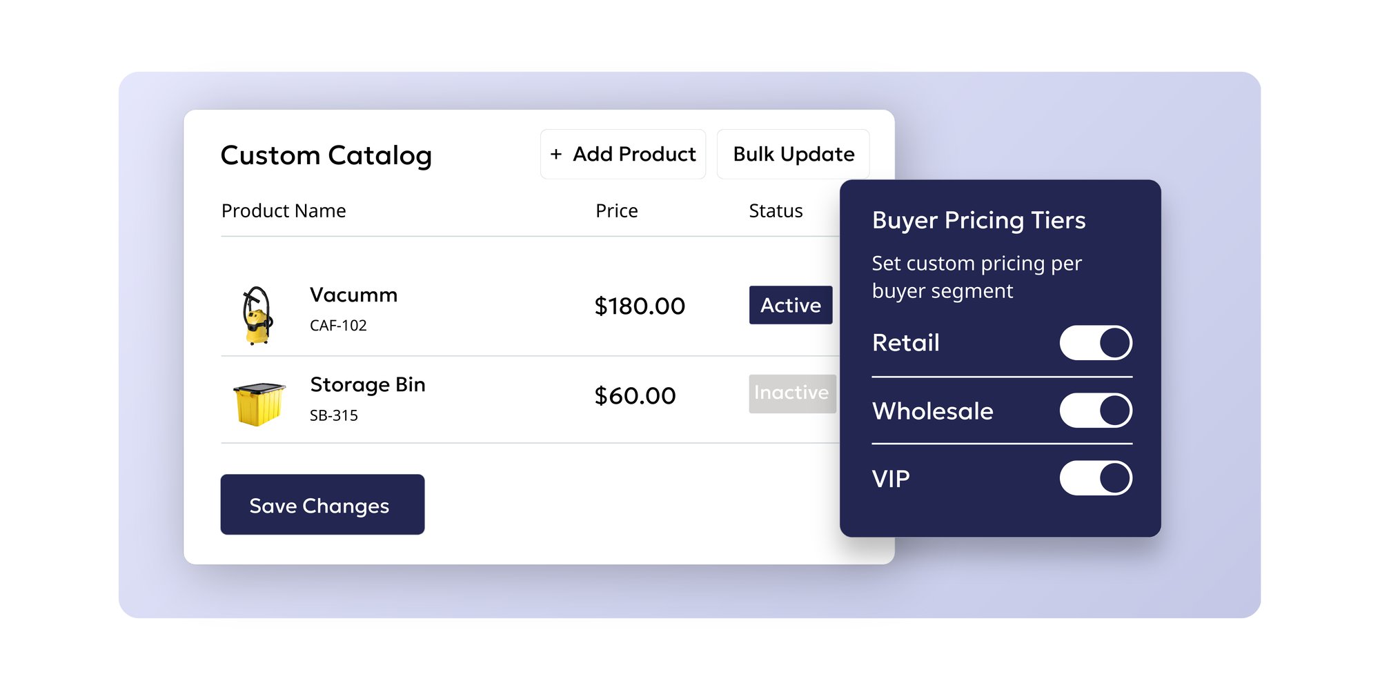 Illustration of a custom catalogue interface within a B2B order portal showing product names and prices, alongside a “buyer pricing tiers” panel to set custom pricing for retail, wholesale and VIP customer segments. 