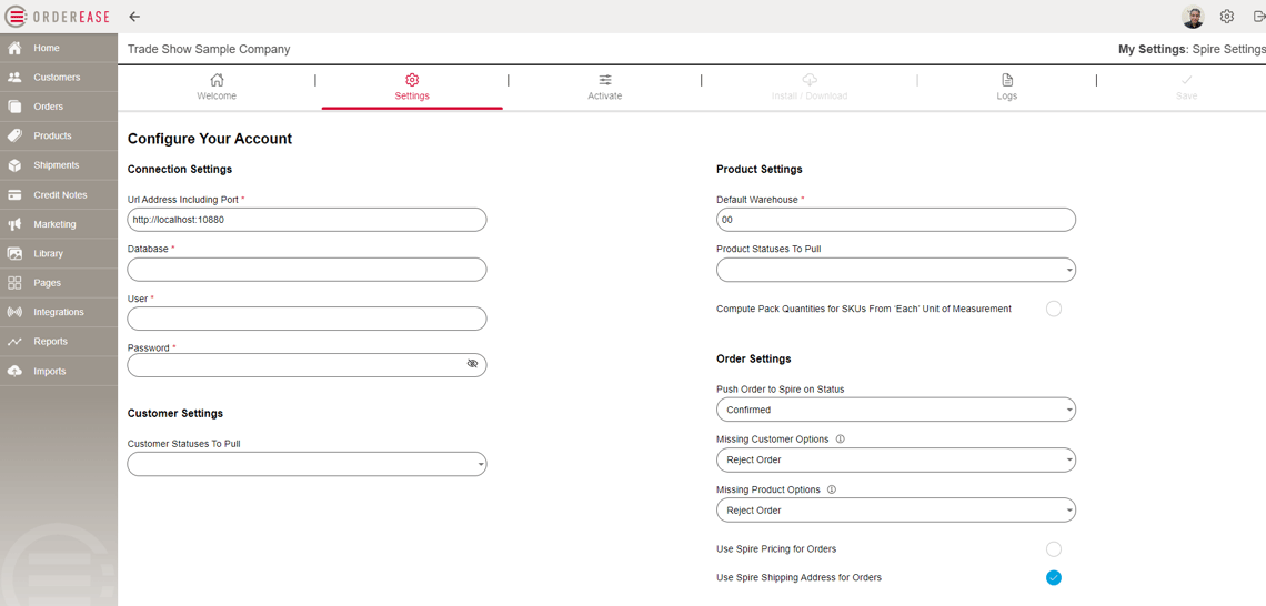 Spire integration configuration screen