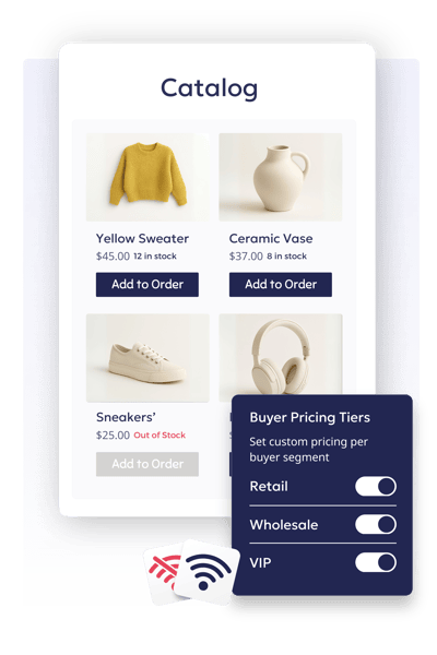 B2B ordering solution catalog with sweater, vase, sneakers and headphones on wholesale discount