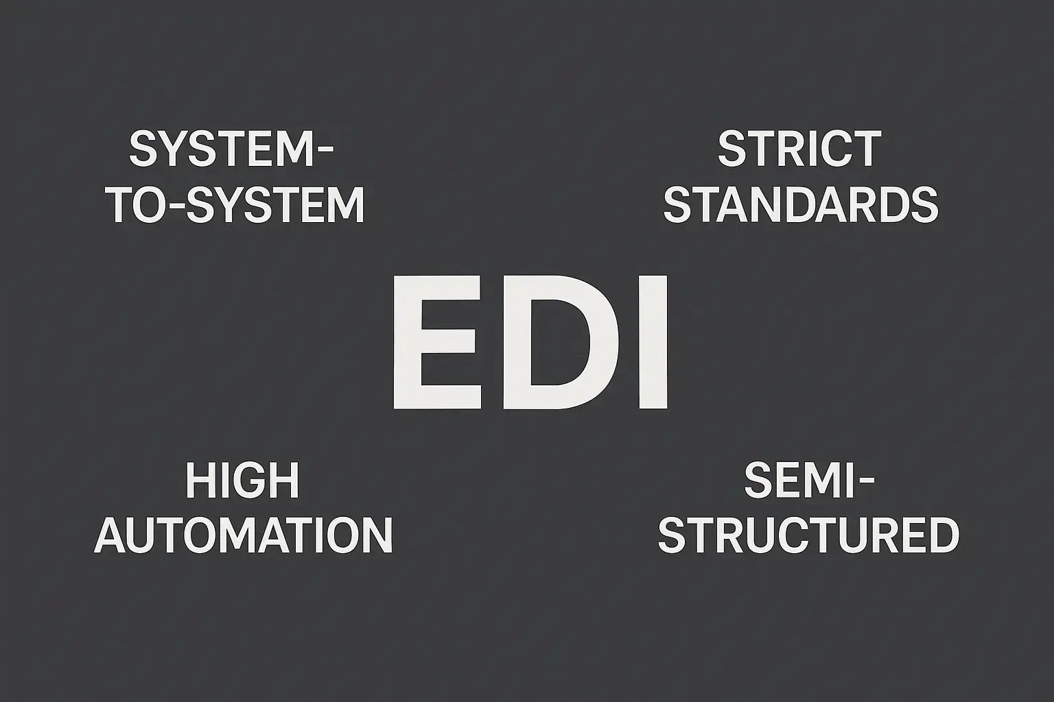 Electronic Data Interchange (EDI) concept showing system-to-system automation, strict standards, and semi-structured data.