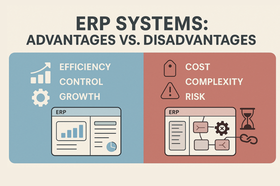 Split infographic showing ERP advantages (efficiency, control) vs. disadvantages (cost, complexity, risk).