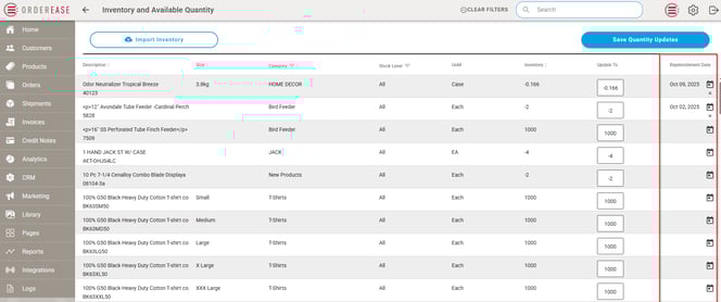 replenishment date tracking across all inventory screens in OrderEase