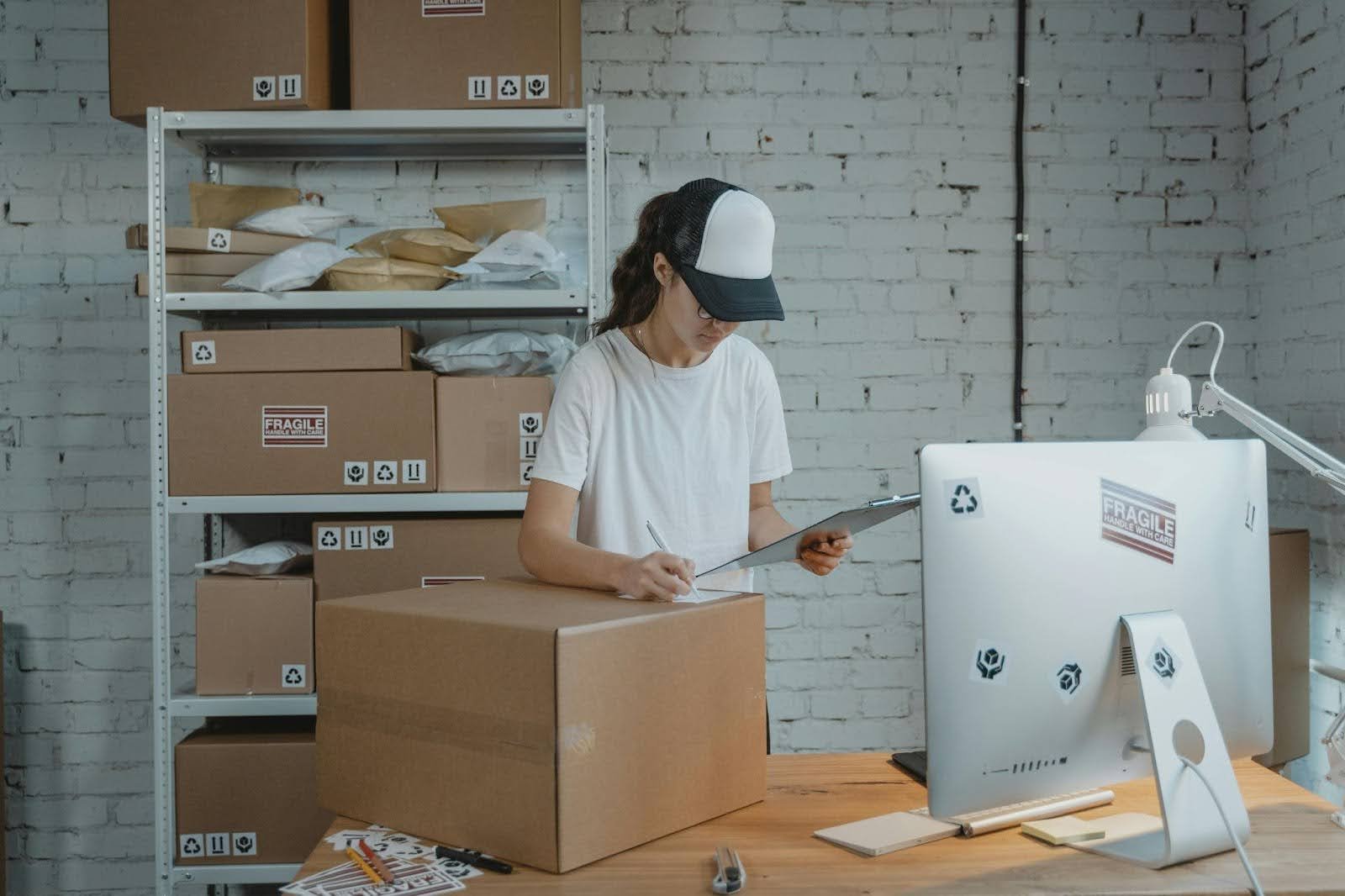 Fulfillment center worker organizing and labeling packages as part of the B2B order consolidation process.