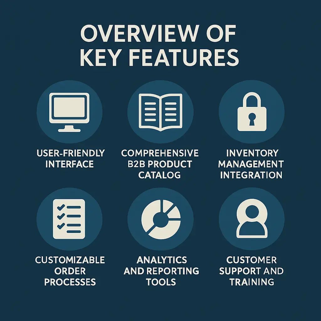 Overview of key features in a B2B online ordering system including user-friendly interface, product catalog, inventory management, analytics, and customer support.