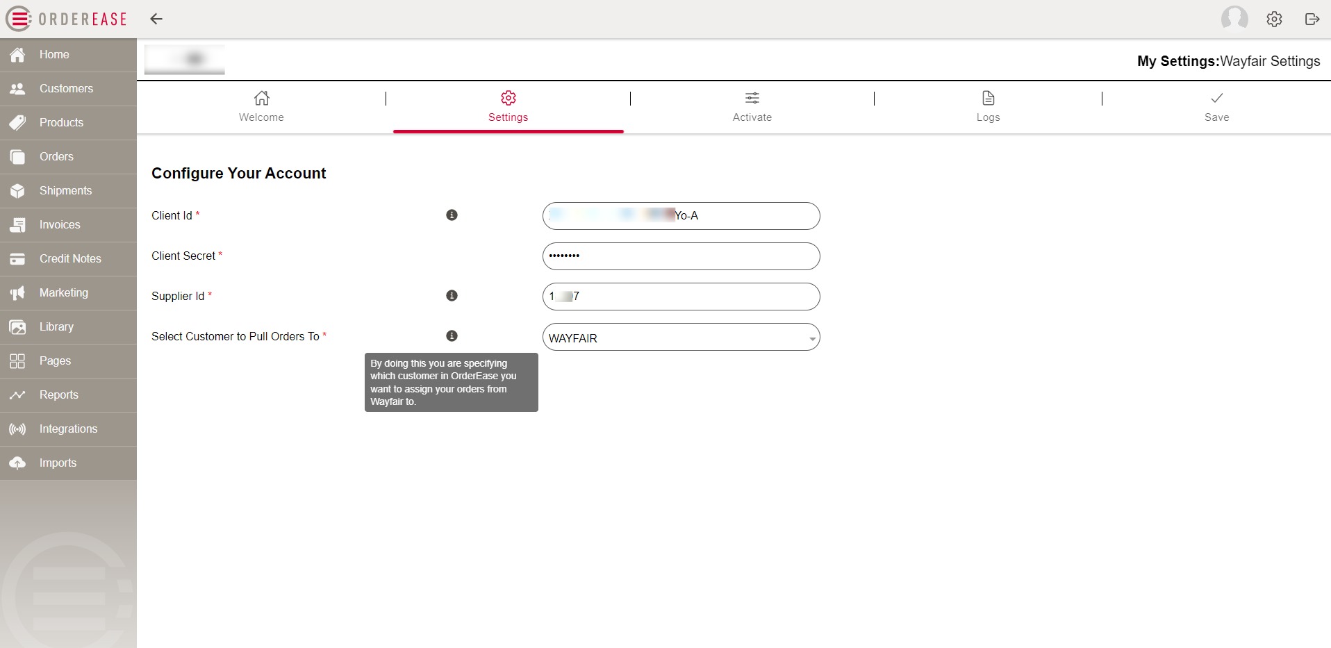 Wayfair Configuration Screen