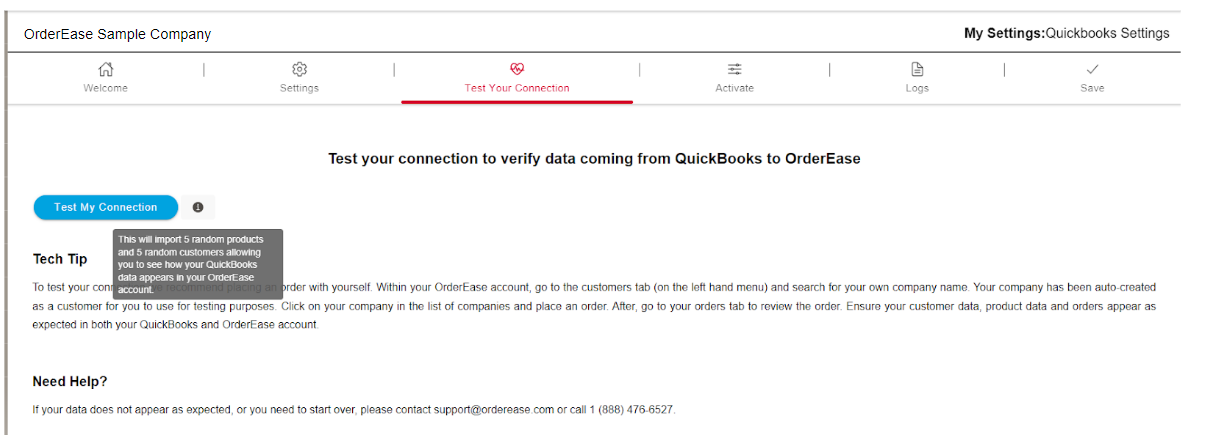 Test your connection with QuickBooks to verify data